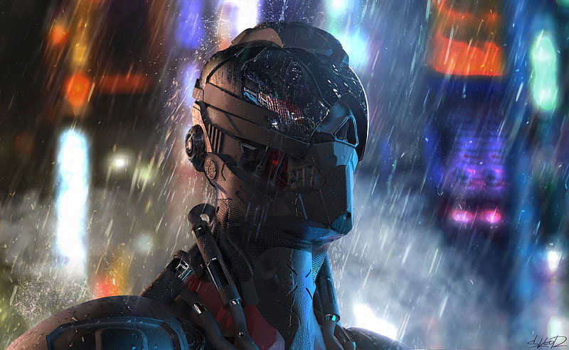 cyborg, robot, future, rain, HD wallpaper