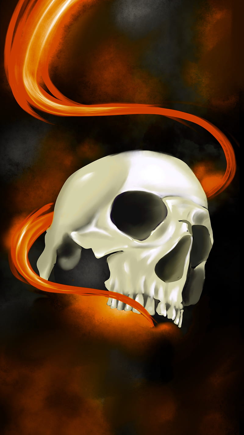 skull flame 3, black, bone, bones, death, eyes, fire, head, jaw, jaws laser, magic, neon, orange, red, shine, skelet, skeleton, skulls, wisdom, HD phone wallpaper