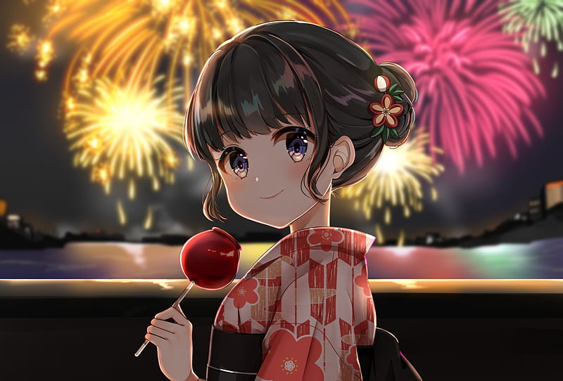 yukata, festival, apple candy, brown hair, anime girl, Anime, HD wallpaper