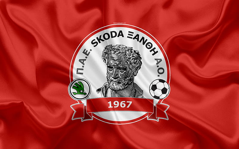 Xanthi FC Greek football club, emblem, logo, Super League, championship, football, Xanthi, Greece, silk texture, flag, HD wallpaper