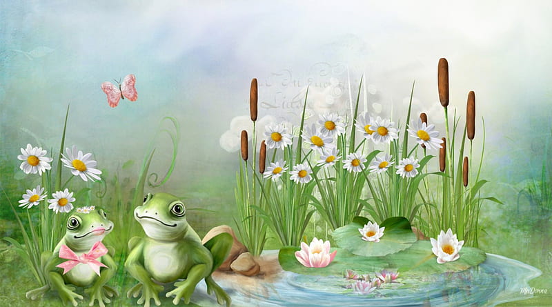 Frog Sweethearts, frogs, cat tails, water lilies, sweet, pond, daisies, cute, butterfly, whimsical, green, love, flowers, HD wallpaper