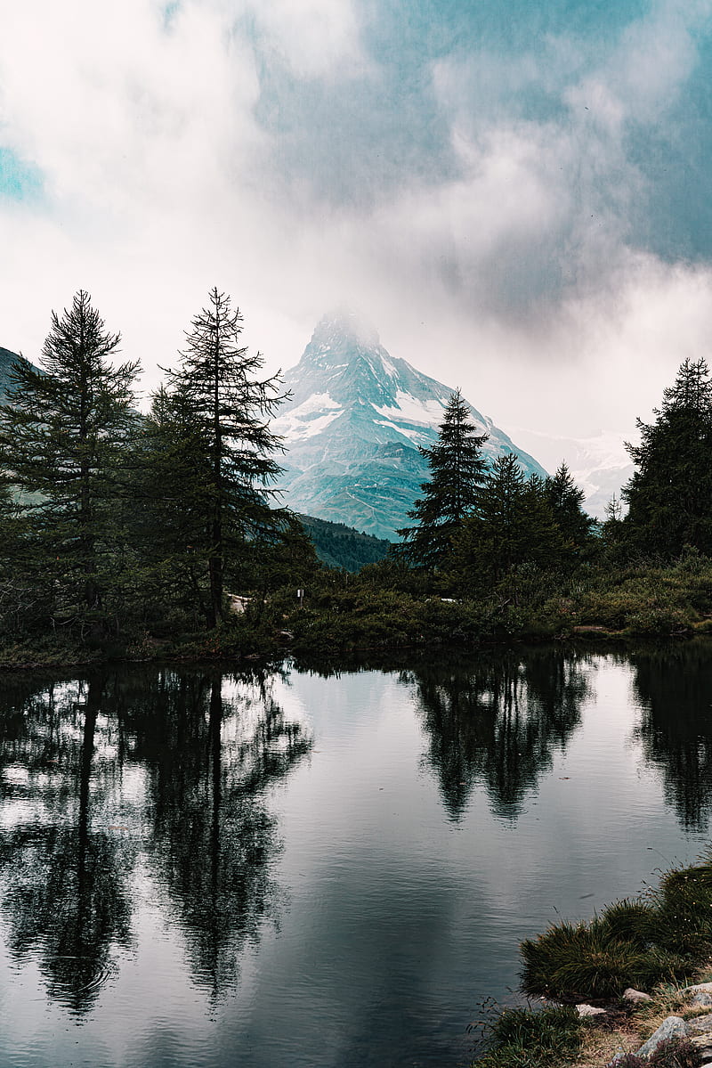 mountains, spruce, lake, reflection, clouds, HD phone wallpaper