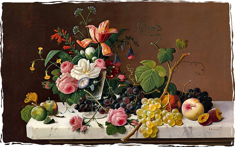 Fruit and Flowers F2, art, life, romance, apples, roses, artwork, floral, fruit, grapes, still life, love, peaches, painting, wide screen, flower, beauty, HD wallpaper