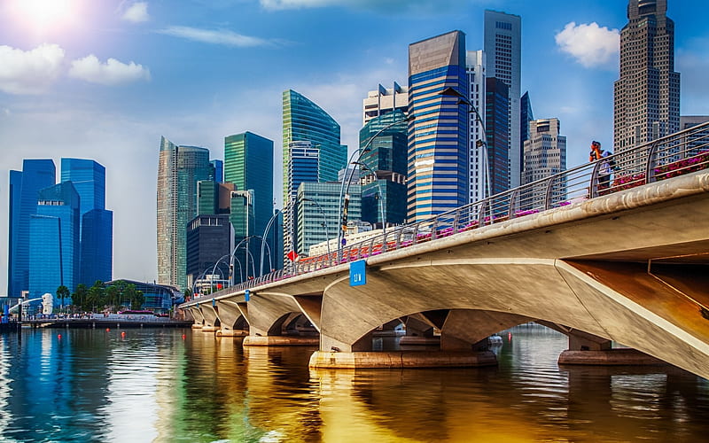 Singapore, bridge, skyscrapers, business centers, modern buildings, summer, HD wallpaper