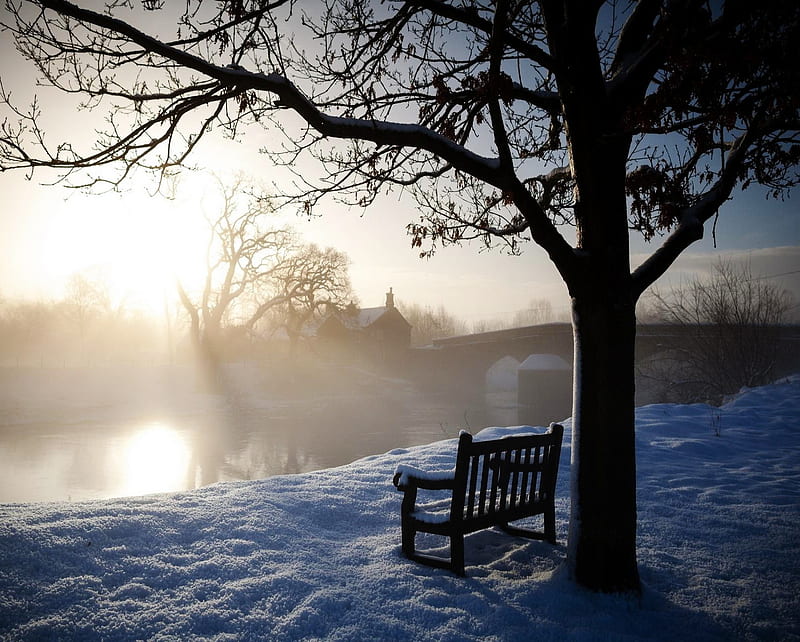 Winter, bench, bridge, house, lake, lonely, sad, snow, tree, HD wallpaper
