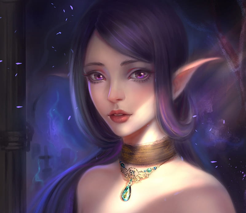 Elf girl, fantasy, lbue, luminos, purple, girl, elf, face, pendant, thao anh, jidu276, HD wallpaper