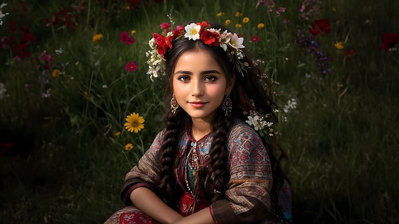 Girl in the flower field, ules, viragok, mezo, vidam, mosolygas, szines, lany, viragkoszoru, vadviragok, haj, HD wallpaper