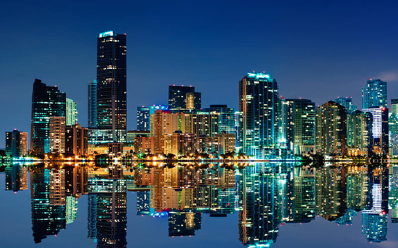 Miami night, skyscrapers, urban landscape, USA, Atlantic Ocean, Florida, midtown, HD wallpaper