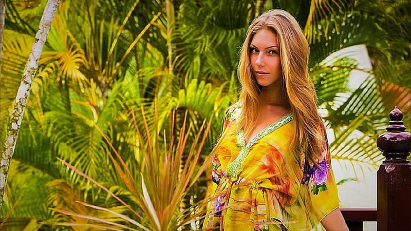 Anjelica Ebbi, long hair, kaftan, plants, blonde, posing by walking bridge, yellow with patterns, HD wallpaper