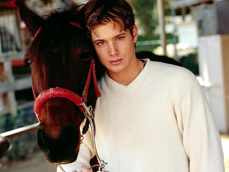 Jensen Ackles, young, handsome, white shirt, horse, HD wallpaper