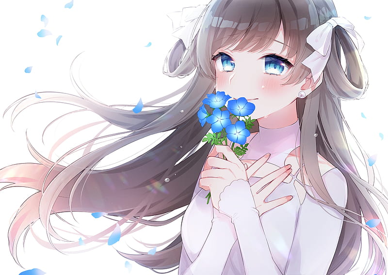 crying, blue eyes, anime girl, tears, brown hair, blue flowers, Anime, HD wallpaper