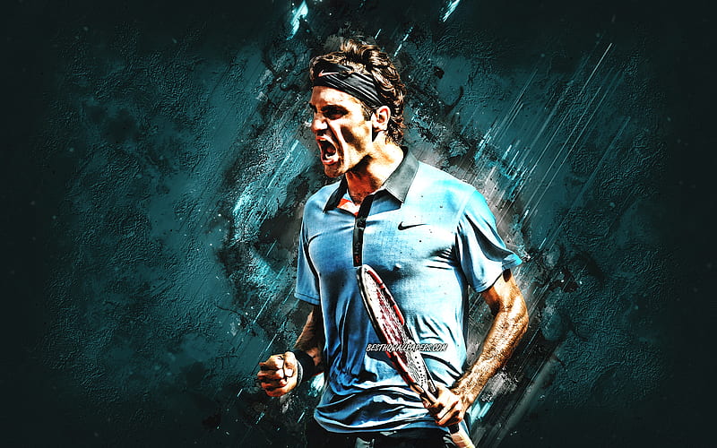 Roger Federer, Swiss tennis player, ATP, Association of Tennis Professionals, portrait, blue stone background, tennis, HD wallpaper