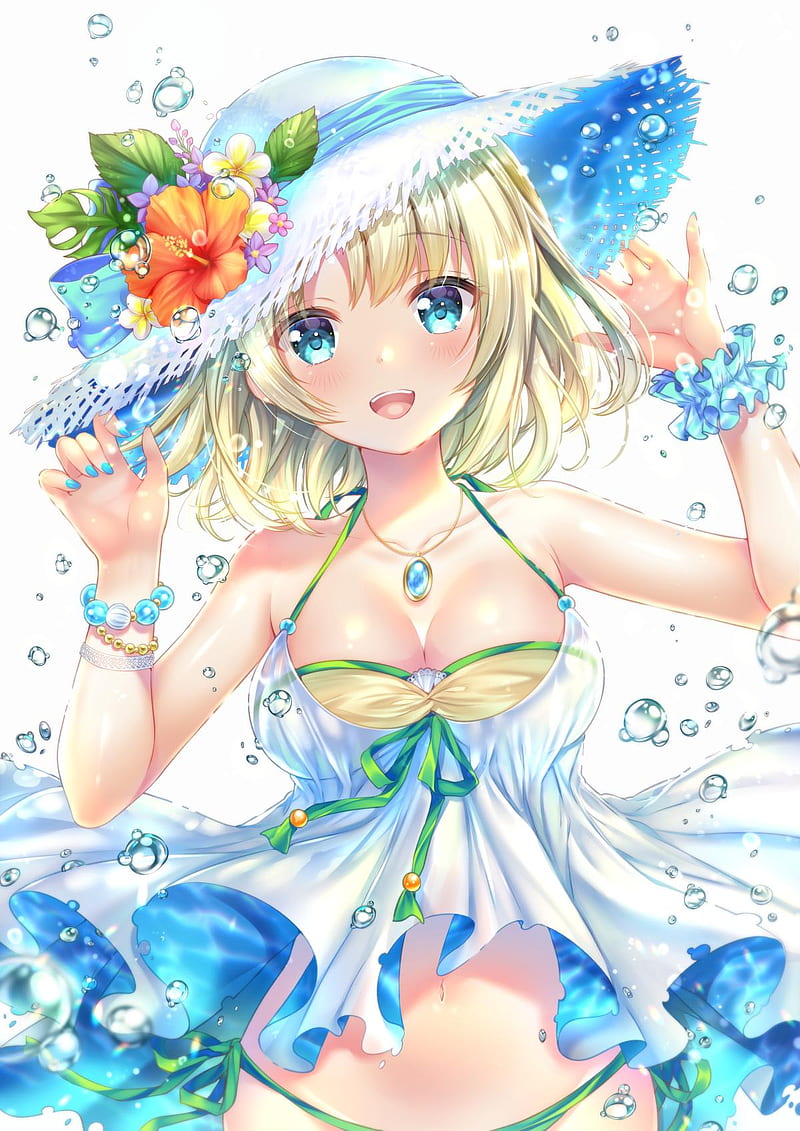 blonde, blue eyes, necklace, colored nails, straw hat, bracelets, anime girls, anime, hat, HD phone wallpaper