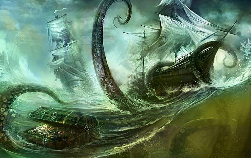 Giant octopus, art, ocean, game, waves, storm, sea, chest, fantasy, water, ship, HD wallpaper