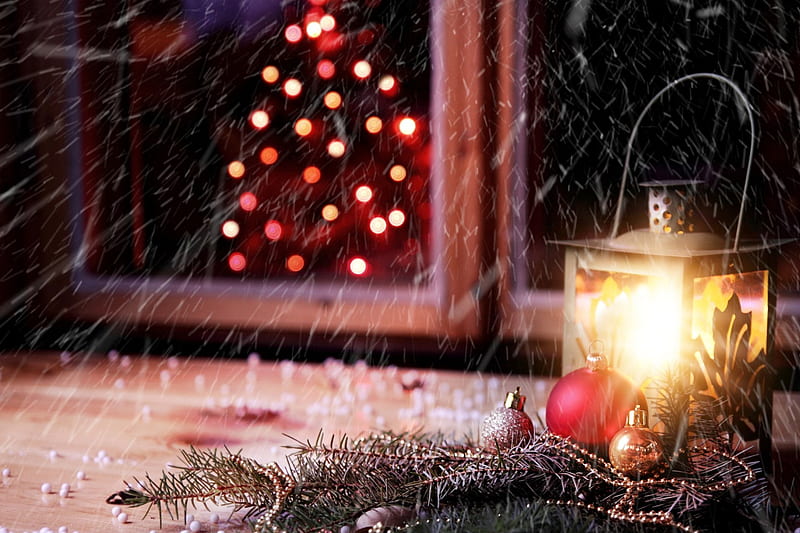 Home Sweet Home, ornaments, house, glow, lantern, home, lights, gold, pine, ledge, wood, chain, candle, Christmas tree, window, snowing, snow, fir, HD wallpaper