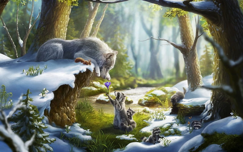 winter forest, fantasy, raccoon, wolf, art, lilies of valley, HD wallpaper