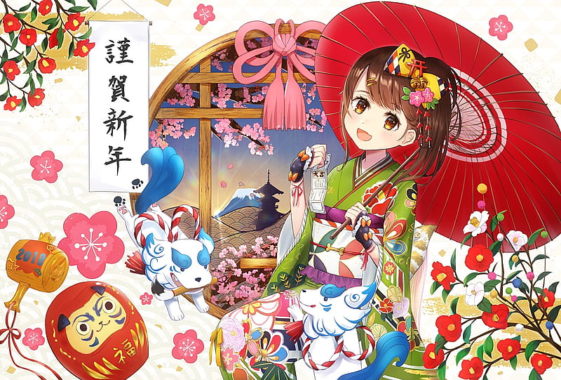 Chinese Zodiac ~ Dog, red, chinese zodiac, umbrella, manga, omelet tomato, girl, anime, flower, parasol, dog, HD wallpaper