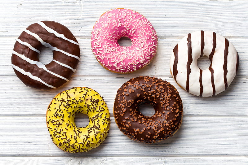 Donuts, donut, food, chocolate, yellow, white, pink, dessert, sweet, HD wallpaper