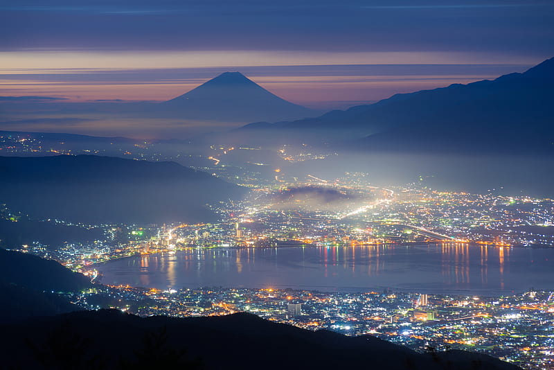 Volcanoes, Mount Fuji, City , Japan , Night, HD wallpaper