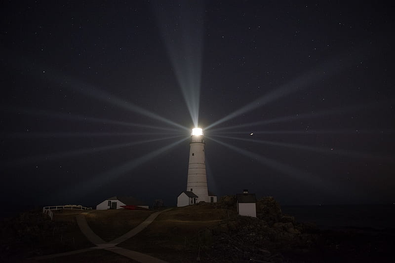 Lighthouse at Night, Nights, Sky, Nature, Stars, Lighthouses, Lights, HD wallpaper