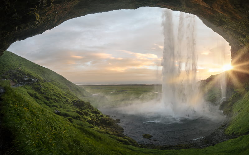 waterfalls near cave at daytime, HD wallpaper