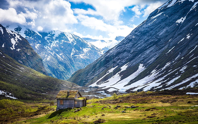norway, hut, mountain, scenic, field, snow, clouds, Landscape, HD wallpaper
