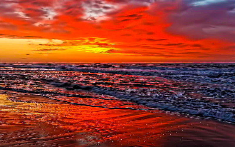 Red Sky Sea Beach Ocean Sunset Reflection Ember Wave Hd