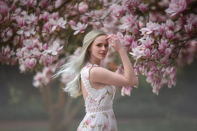 Blonde, Dress, Model, Women, Blossom, Depth Of Field, HD wallpaper | Peakpx