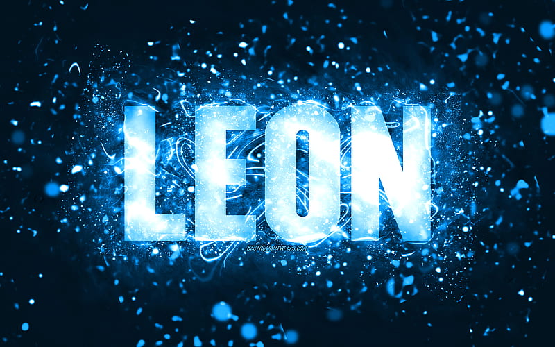 Happy Birtay Leon, blue neon lights, Leon name, creative, Leon Happy Birtay, Leon Birtay, popular american male names, with Leon name, Leon, HD wallpaper