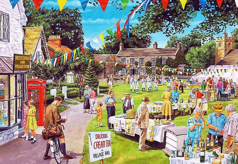 The Village Fete, tables, people, houses, painting, chairs, trees, artwork, HD wallpaper