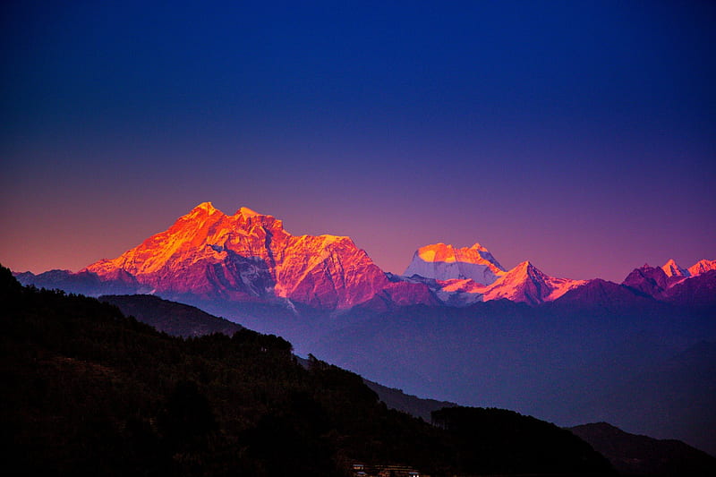 THE HIMALAYAS, mountains, Nepal, evening, trees, sky, Himalayas, blue, HD wallpaper