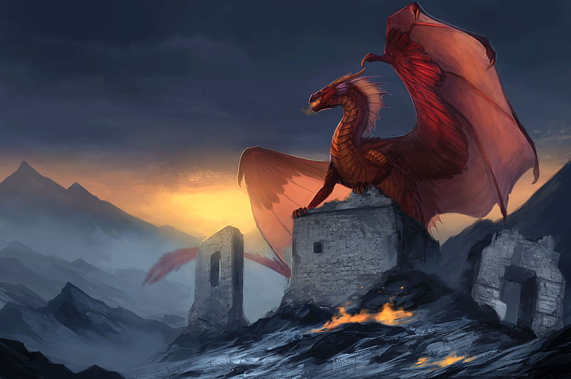 Red Dragon Fantasy, dragon, fantasy, artist, artwork, digital-art, HD wallpaper