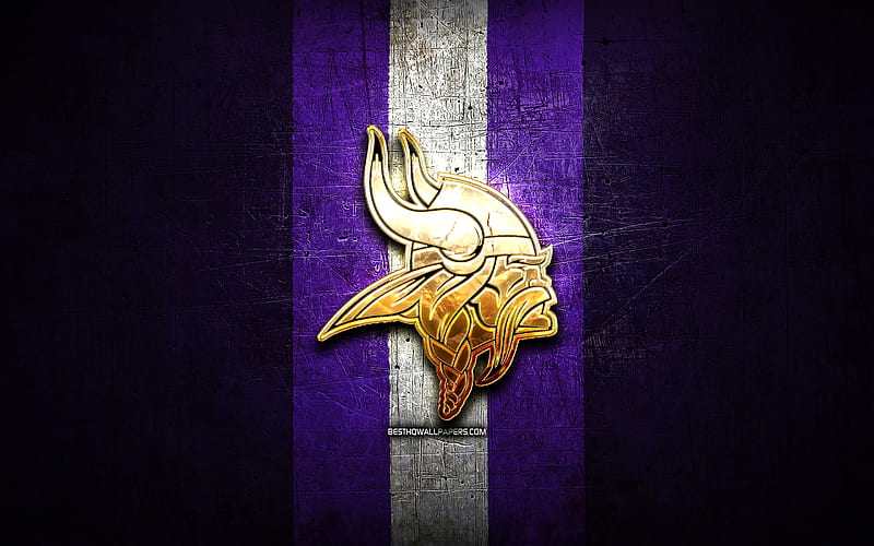 Minnesota Vikings, golden logo, NFL, violet metal background, american football club, Minnesota Vikings logo, american football, USA, HD wallpaper