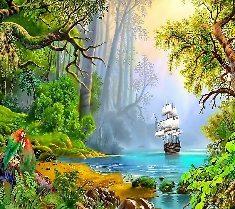 Jungle Bay, painting, ship, tropical, HD wallpaper