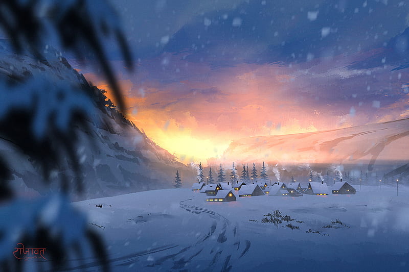 Winter sunset, iarna, winter, house, fantasy, luminos, surendra rajawat, sunset, HD wallpaper