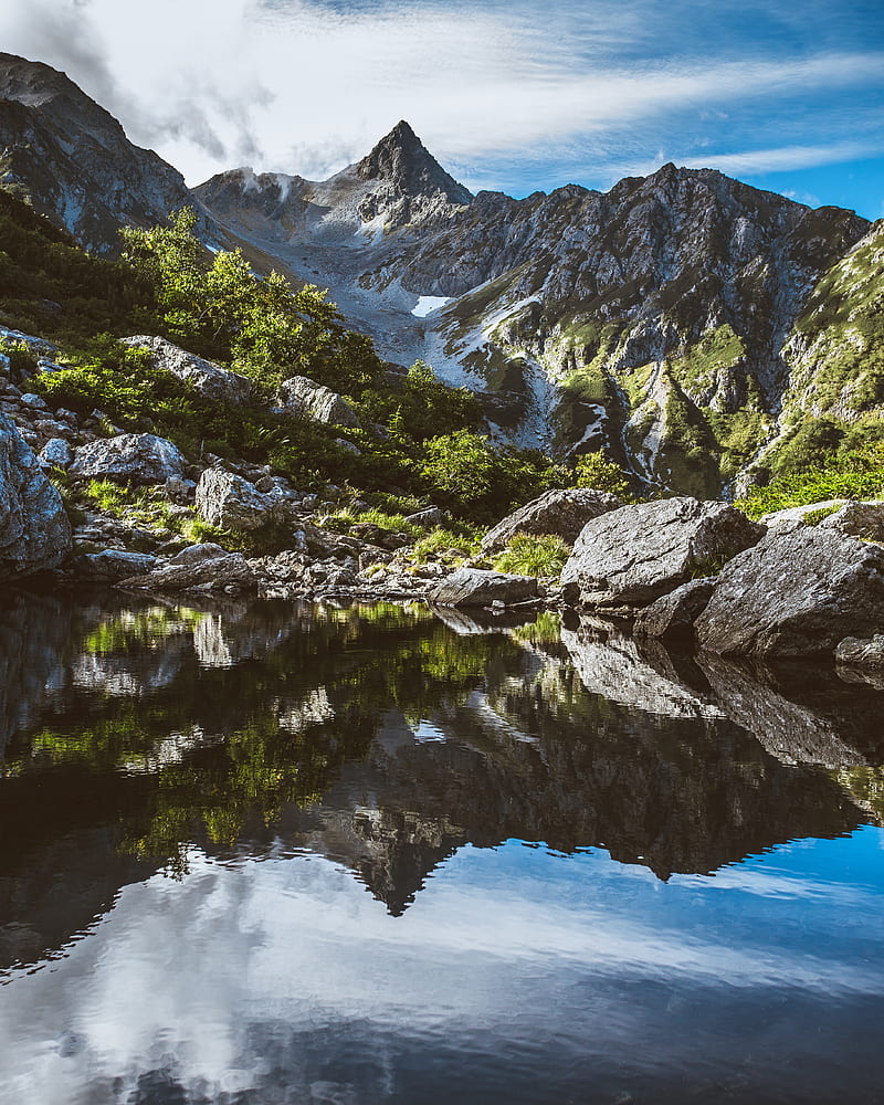 mountains, rocks, stones, lake, reflection, HD phone wallpaper