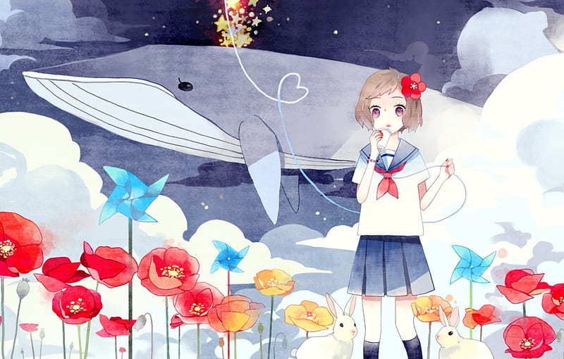 Imagination, whale, girl, anime, kyang, HD wallpaper