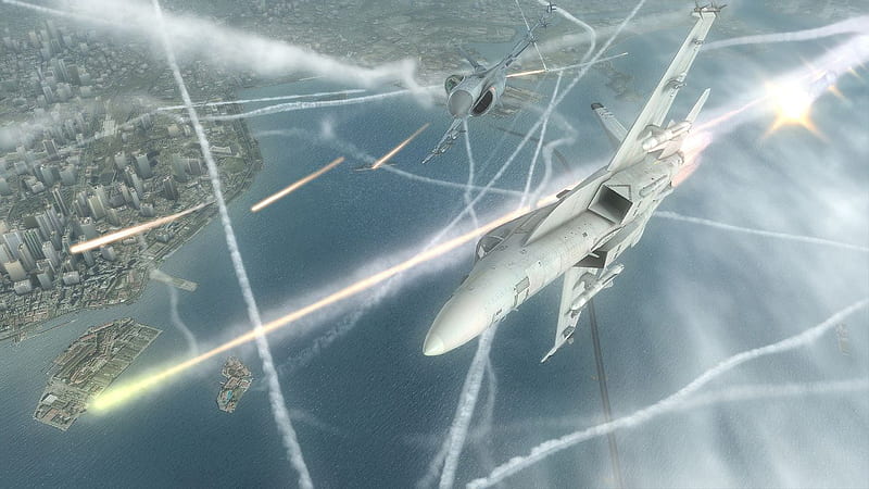 High Tech Air Battle, missiles, fire, graze, surface, smoke, fighter jets, HD wallpaper