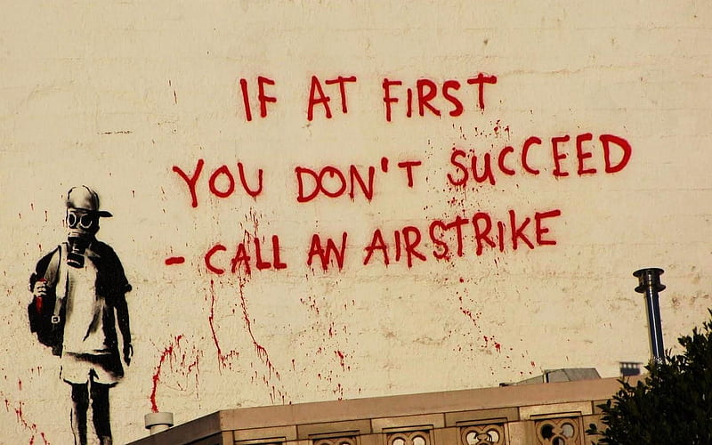 Banksy Airstrike, gas mask, airstrike, art, guerra, banksy, graffiti, HD wallpaper