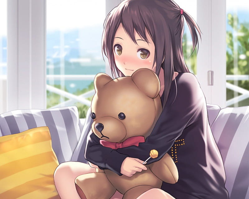 Bear hug, candy, female, lollipop, toy, bear, sweet, cute, hug, girl, anime,  HD wallpaper | Peakpx