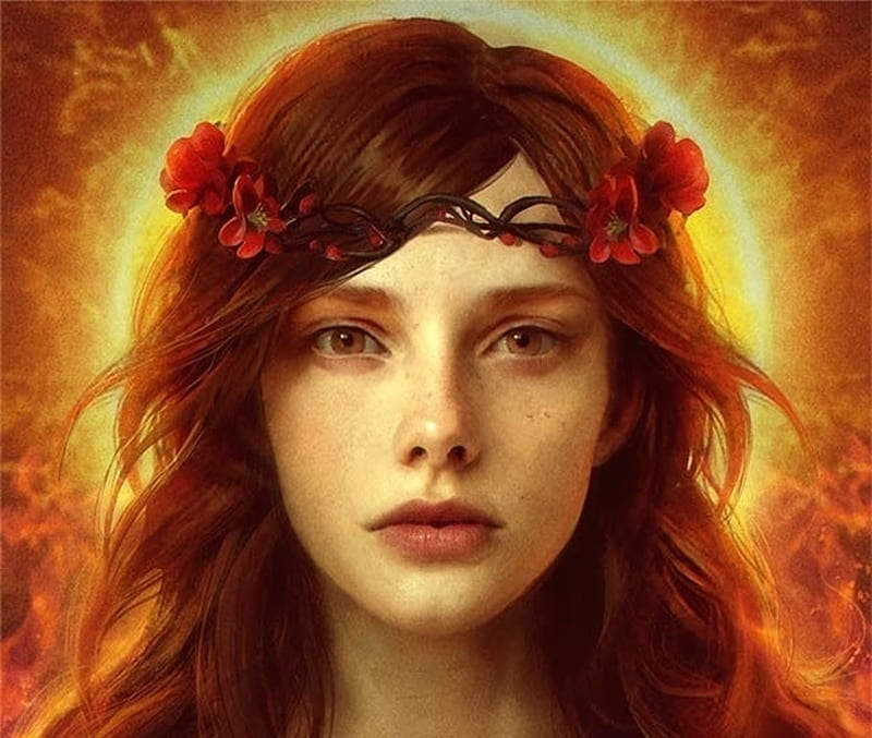 Heles, girl, orange, redhead, gerry arthur, face, red, wreath, luminos, fire, fantasy, HD wallpaper