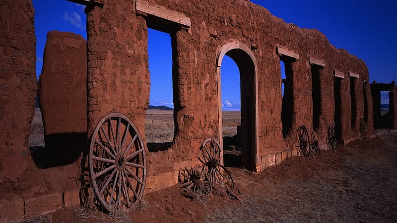 cart wheels against old fort ruins, broken, cart wheels, ruins, fort, adobe, HD wallpaper