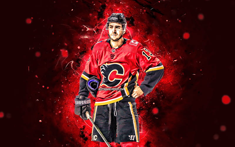 Johnny Gaudreau Calgary Flames, NHL, hockey stars, red neon lights, John Michael Gaudreau, hockey players, hockey, USA, Johnny Gaudreau , Johnny Gaudreau Calgary Flames, HD wallpaper