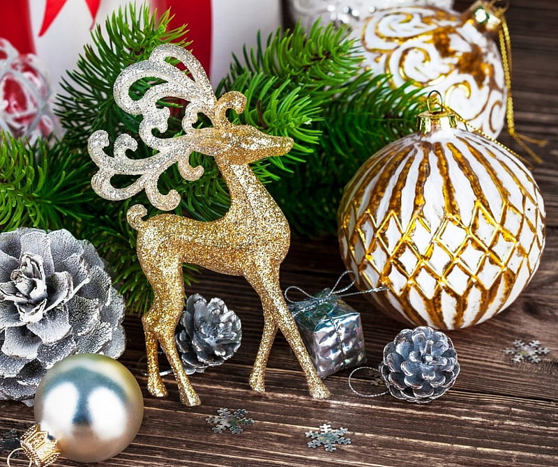 Christmas decorations, Christmas, Branches, Holidays, Deer, Miscellaneous, decorations, Balls, Christmas balls, HD wallpaper