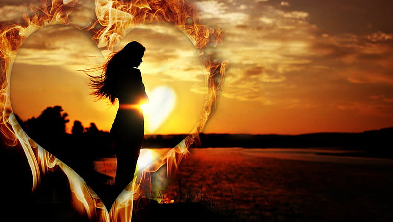 Burning memories at sunset..♡, sadness, burning heart, woman, dark figure, alone, flames, girl, female silhouette, sunsets, sorrow, HD wallpaper