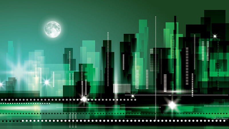 City Green, buildings, town, city, green, full moon, big city, streets, sky scrapers, reflection, pixels, night, HD wallpaper
