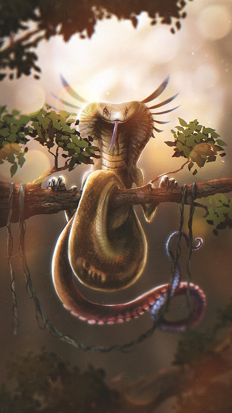 Snake, animal, branch, drawings, fantasy, poison, tree, HD phone wallpaper