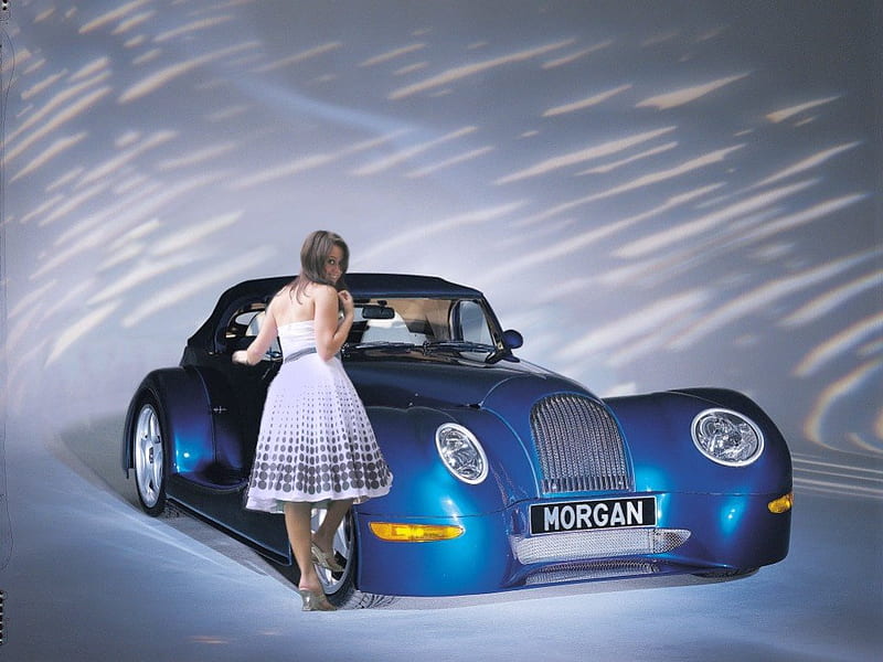 Blue Morgan, babe, jessica helms, retro, morgan, young car, classic, pinup, blue, vintage, HD wallpaper