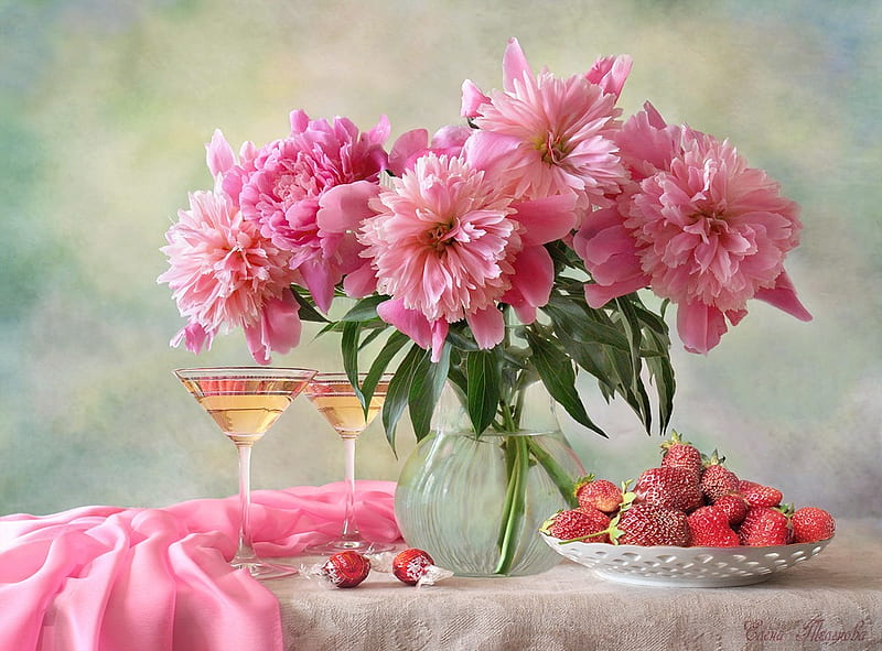 still life, stems, vase, peonies, floral, fruit, peony, nice, jug, table cloth, flowers, harmony, table, beverage, glass, water, cool, scarf, mugs, white, candy, glasses, silk, bonito, candies, graphy, leaves, gentle, cuts, strawberries, pink, beauties, clear, wine, elegantly, dish, bouquet, flower, HD wallpaper