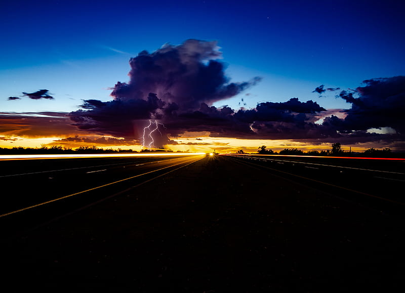 Thunder Storm Lightning Highway Light Trails , lightning, storm, clouds, nature, light, trails, HD wallpaper